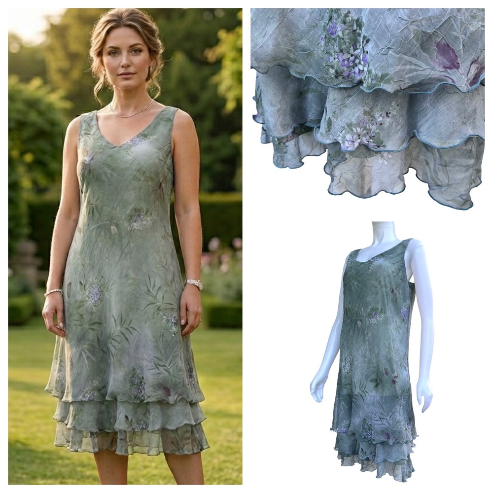Ursula of Switzerland Tiered Dress 14P‎ Sage Green Fairycore Crinkled 90s Formal